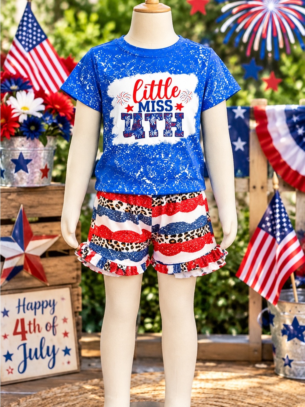 Girls 4th of July Outfit Set - "Little Miss USA" Bleach-Splatter Top & Ruffled S
